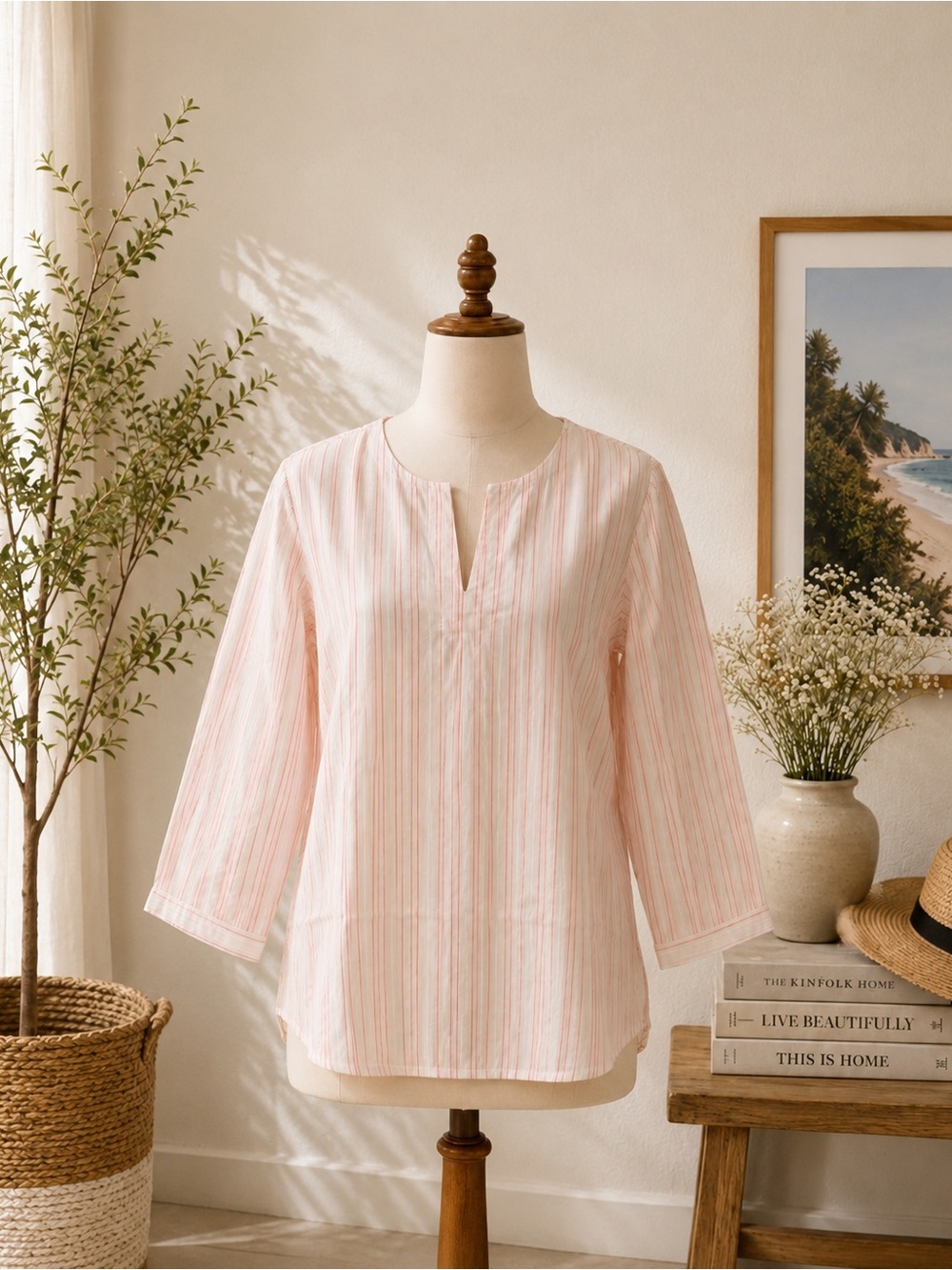 Untuckit Pink White Striped Popover Blouse Size 8 Coastal Classic - NWT